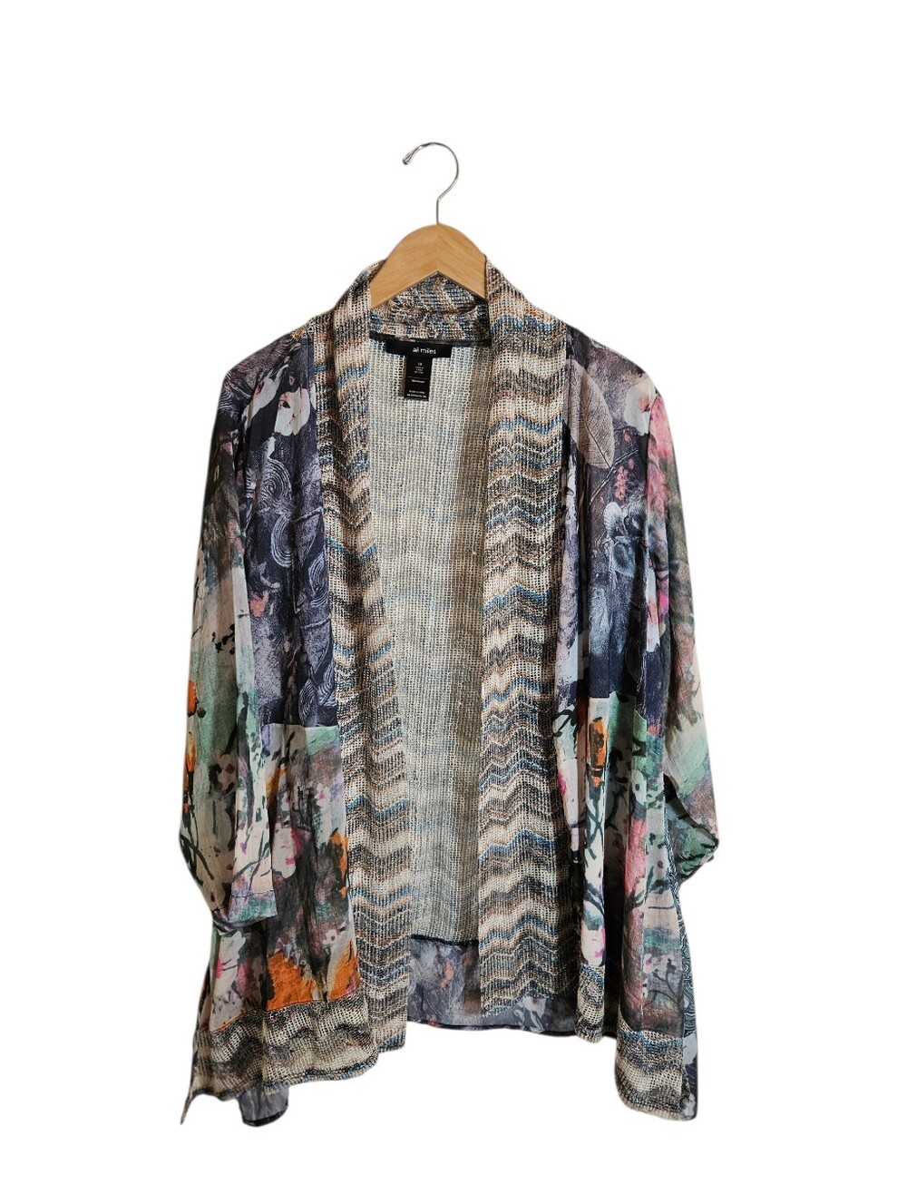 Ali Miles Mixed Media Boho Floral Open Front Cardigan - Multicolor Size 1X